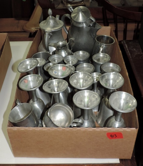 Box Lot Pewter Stemware, Cups, Teapot And More