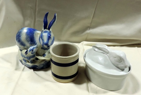 French Porcelain Covered Rabbit Dish, Blue & White Crock & Rabbit Statue