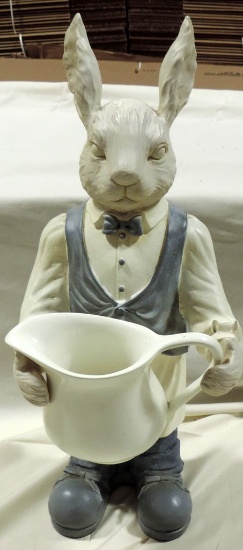 Composition Rabbit Statue Holding White Pitcher