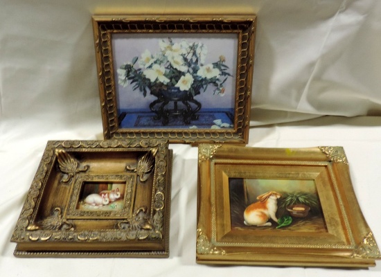 2 Oil On Board Rabbit Paintings & Floral Print On Board