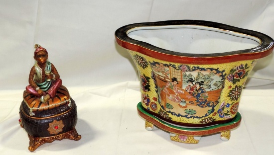 Oriental Style Pottery Vase On Separate Base With Monkey On Pillow Figurine