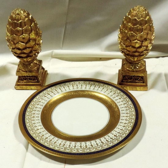 Gold Plastic Pine Cones with A Rosedale Gold & Blue Decorated Plate. Good condition.