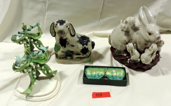 Pottery Rabbit Figures & Pair Of Silvestri Wall Shelves.