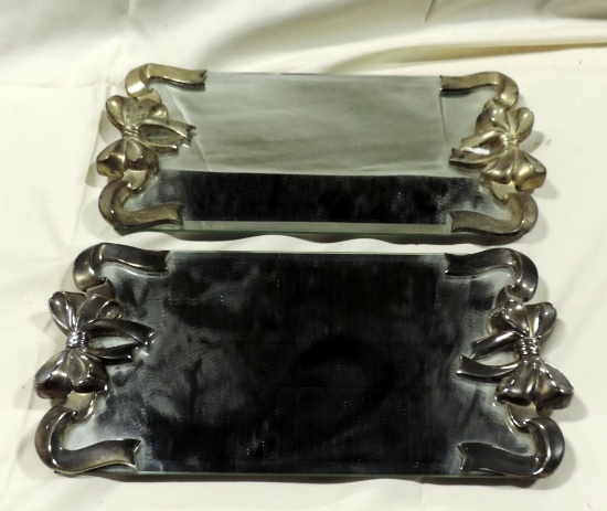 Pair of Metal & Glass Mirror Dresser Trays