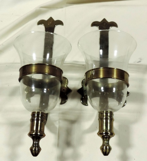 Pair Of Brass Wall Sconces & Crystal Vase With Brass Bow