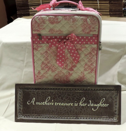 Pink Fabric Tow Behind Suitcase & Mother Metal Sign
