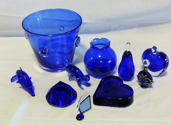 Tray Lot Cobalt Blue Perfumes, Ice Bucket And Paperweights