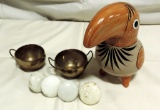Mexican Pottery Toucan, Porcelain Door Knobs And Brass