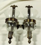 Pair Of Brass Wall Sconces & Crystal Vase With Brass Bow
