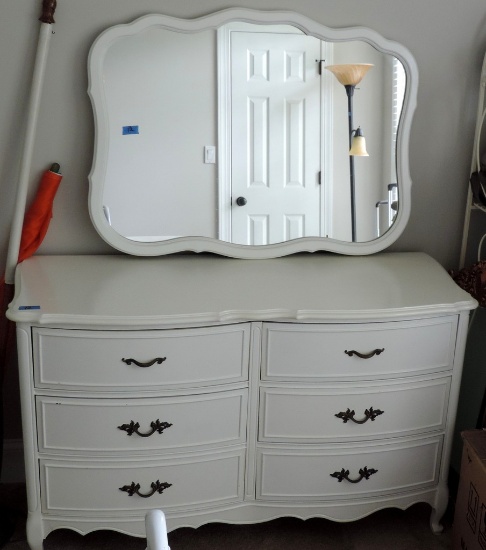 Double Bow White Painted 6 Drawer Dresser With Mirror