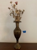 Tall Brass Table Vase with (12) Capodimonte Flowers