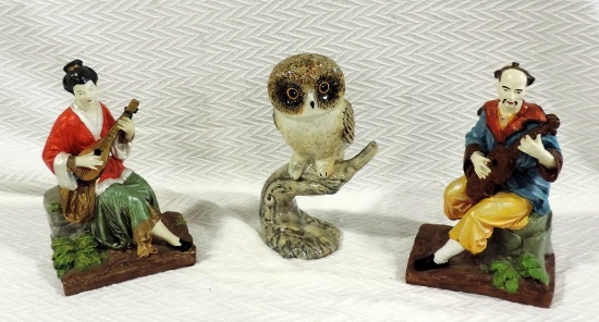 2 Ceramic Oriental Figurines & Owl On Branch
