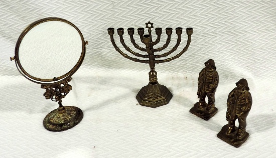 Pair Of Brass Sea Captain Bookends, Brass Menorah & Brass Dresser Mirror