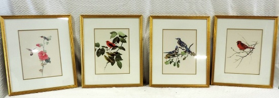 Lot Of 4 Color Bird Prints In Gold Frames.