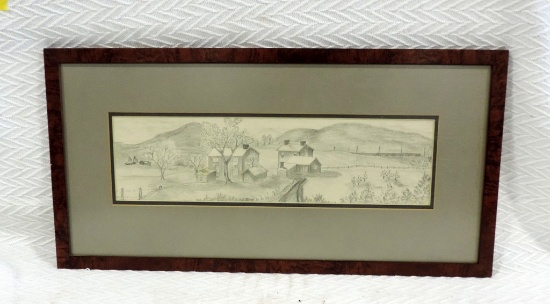 Pencil Drawing Of Country Farm In Burl Wood Frame