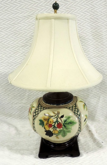 Bulbous Hand Painted Fruit & Leaf Pottery Table Lamp With Shade