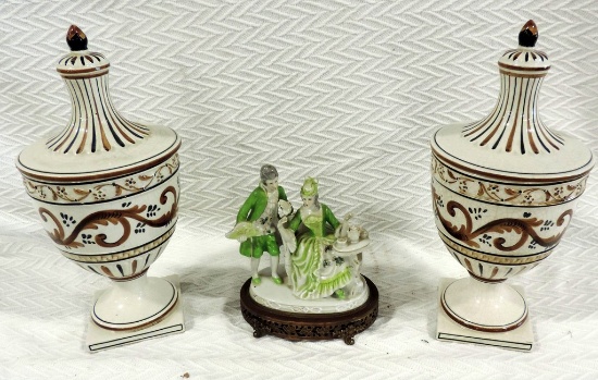 Pair Of Hand Painted Italian Ceramic Urns & Colonial Couple Figurine