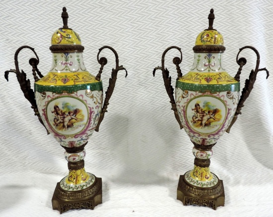 Large Hand Painted Ceramic & Gilt Metal Urns With Lids
