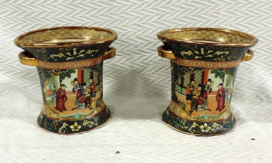 Pair Of Hand Painted Oriental Pottery Vases