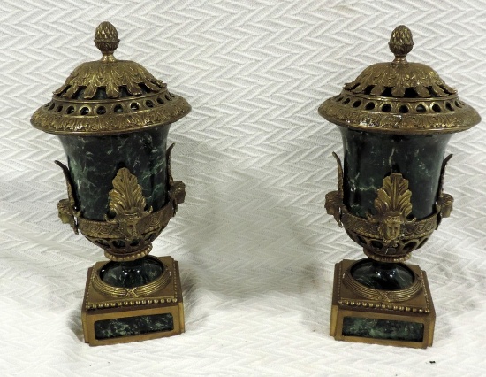 Pair Of Green & White Marble And Brass Trimmed Empire Style Urns