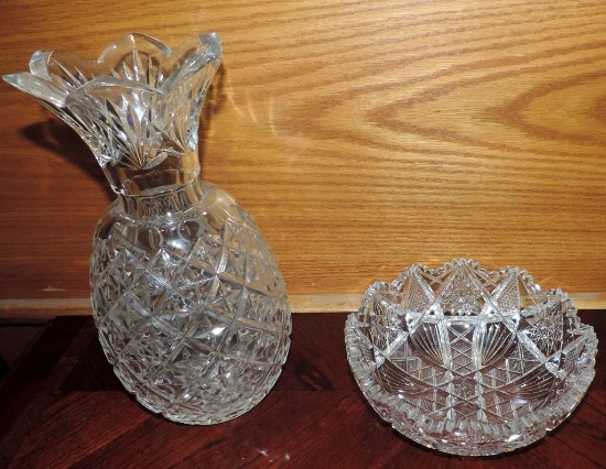 Deep Cut Glass Bowl & Pressed & Cut Pineapple Vase