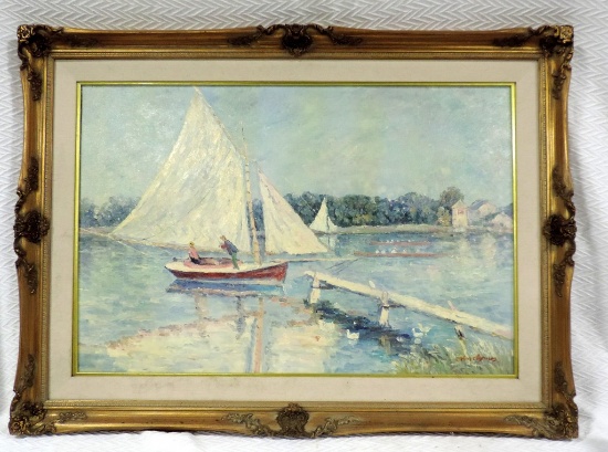 Signed John Clymer Sail Boat Coastal Scene In Frame