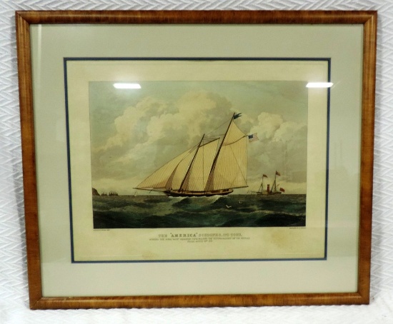 Color Print Of The " America " Schooner In Tiger Maple Frame
