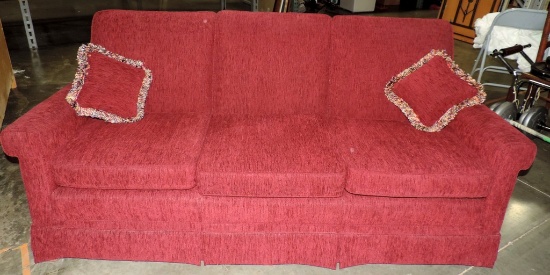 Solid Color Burgundy Upholstered Sofa With Pillows