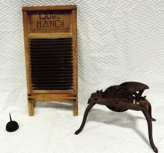 Vintage Washboard, Copper Oil Can And Antique Cast Iron Cherry Pitter.