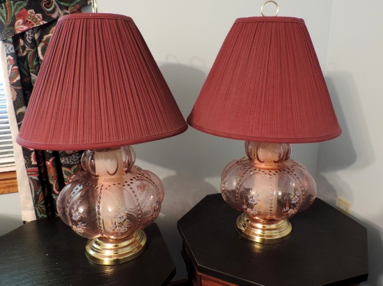 Pair of Paint Decorated Glass and Brass Lamps