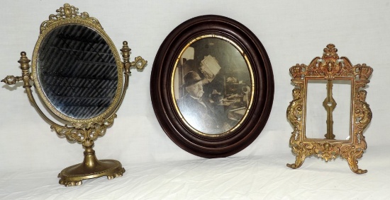 Victorian Oval Frame, Brass Easel Frame & Brass Mirror On Stand