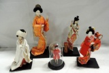 Lot Of 4 Cloth Oriental Dolls & Another Doll Under Glass Dome