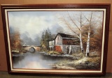 Oil On Canvas Mill Scene In Frame