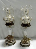 Hand Painted Pair Of Glass Table Lamps With Glass Shades