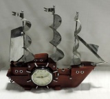 Mid Century United Clock Co. Chrome & Wood Sailing Ship Electric Clock