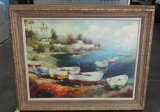 Large Impressionistic Oil On Canvas Of Row Boats In Harbor