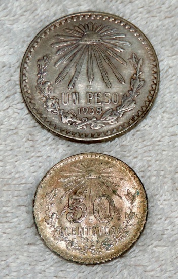 Mexico 1938 Silver Un Peso & 1942 Silver 50 Centavos Coins