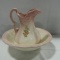 Pink & White Washbowl & Pitcher With Floral Design