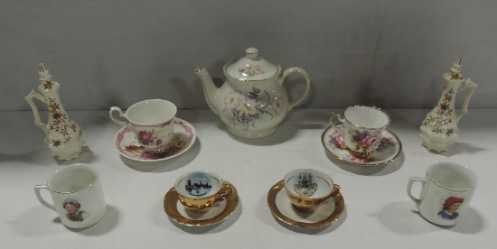 English Teapot, Cup & Saucers, Vinegar Bottles And Luster Cups