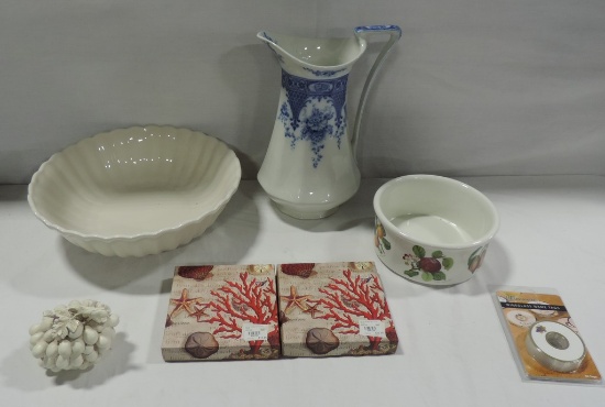 Antique Flow Blue Water Pitcher And 2 Ceramic Bowls
