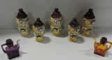5 Piece Italian Decorated Spice Jar Set & Amber Glass Olive Oil Pourers
