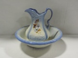 Blue & White Floral Decorated Washbowl & Pitcher