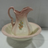 Pink & White Washbowl & Pitcher With Floral Design