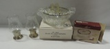 Silver Plate Serving Pieces In Boxes And Small Hurricane Lamps