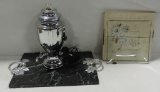 Vintage Chrome Plated Coffee Pot, Marble Tray & New In Box Silver Anniversary Plate