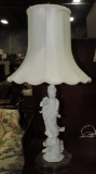 White Oriental Porcelain Figural Lamp With Lotus Flower