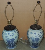 Pair Of Blue & White Oriental Ginger Jar Style Lamps