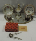 Pair Of Cup & Saucers, Brass Dresser Mirror, Shaving Set & Vintage Hair Clipper