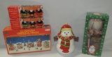 Santa's Workshop Santa, 2 Ball Ornament Candle Holders In Boxes & Illuminated Christmas Village