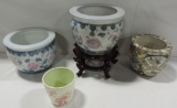 3 Oriental Style Ceramic Planters With 1 Stand